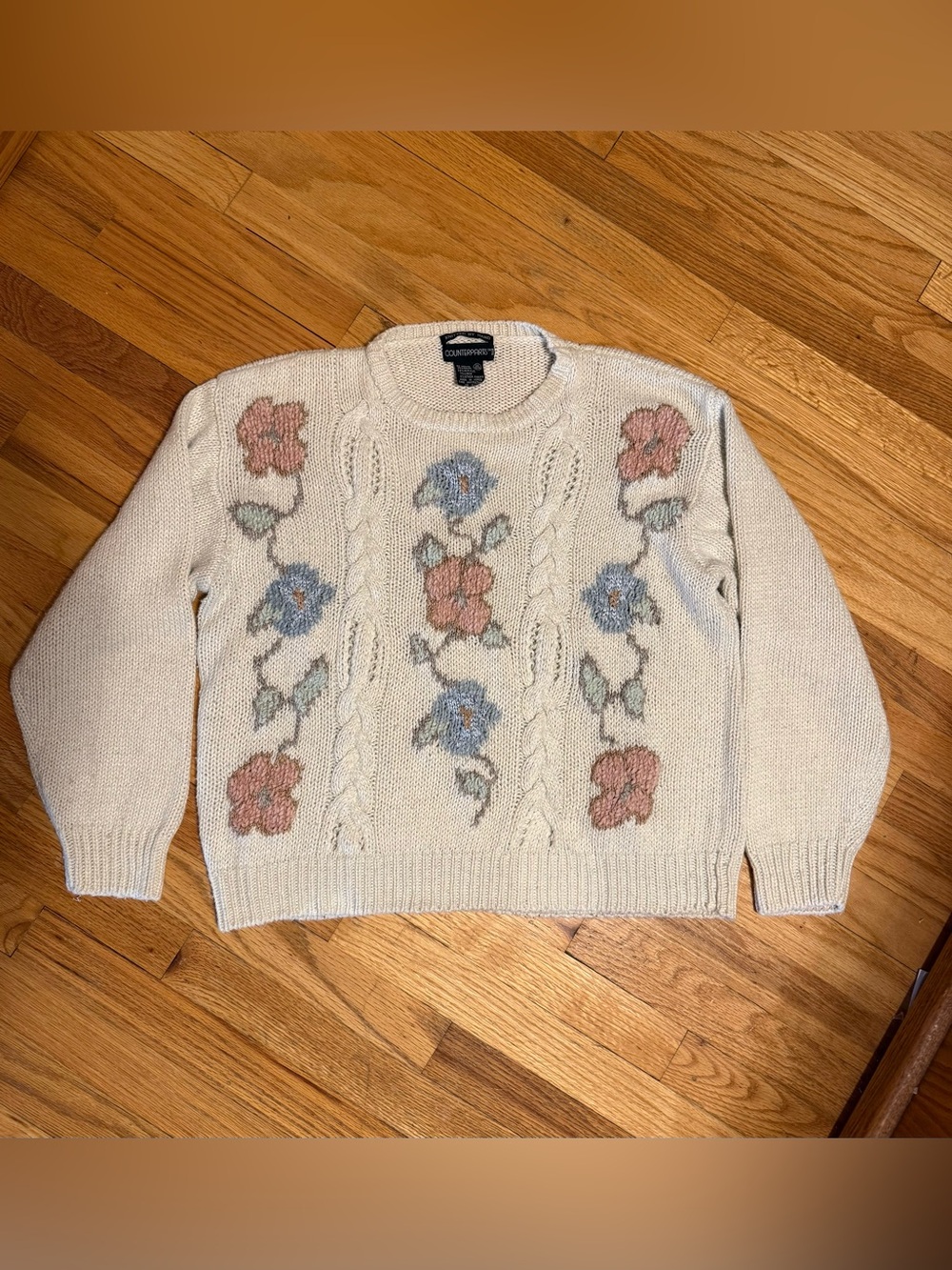 Knitted by Hand Vintage Cream Crewneck Sweater with Floral fits like XL